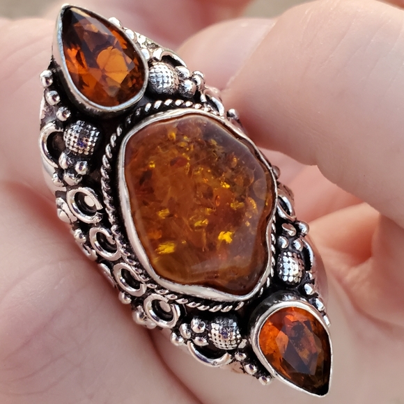 New Baltic Amber & Citrine 925 Silver Statement Ring. - Picture 4 of 13